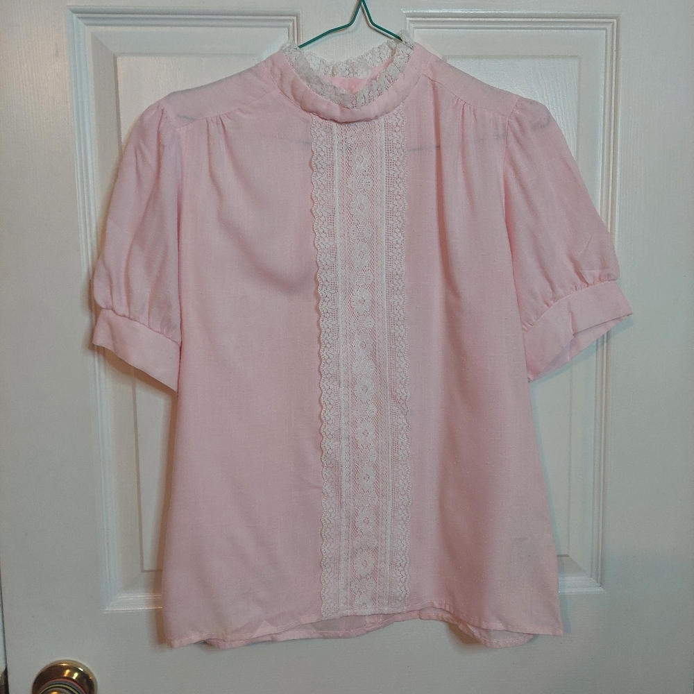 Cindy Collins Vintage 80s Pink White Lace High Neck Puff Sleeve Blouse Size M